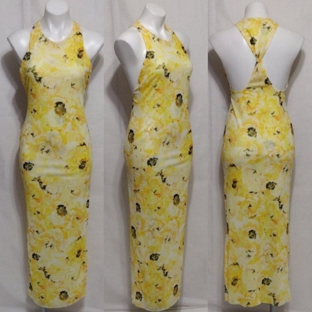 NEW Zara Halter Floral Print Bodycon Midi Dress Twisted Back Summer Party Medium